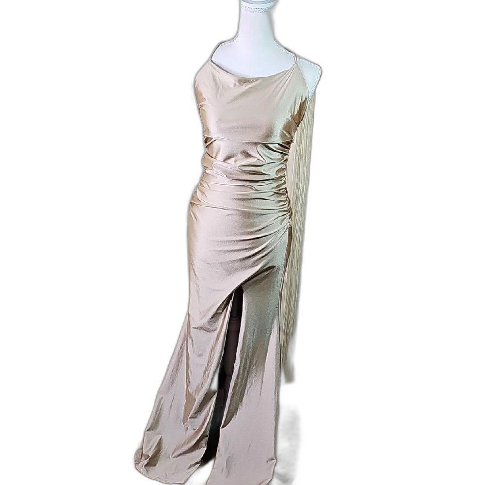 Gown Evening Dress By La Scala Gold Shimmer Front Slit Balletcore Size XS